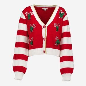 Ugly Christmas Sweater Candy Cane Sequin Cardigan Festive Holiday Sparkle M xmas